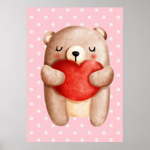 Cute Teddy Bear die een rood hart draagt Poster