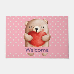 Cute Teddy Bear die een rood hart draagt Welkom Deurmat