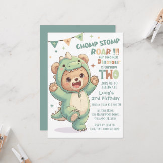 Cute Teddy Bear Dinosaur | 2nd Dino Birthday Party Kaart