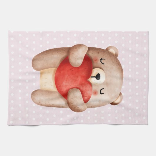 Cute Teddy Bear draagt een rood hart op poka Dots Theedoek (Horizontaal)