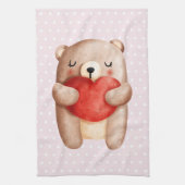 Cute Teddy Bear draagt een rood hart op poka Dots Theedoek (Verticaal)