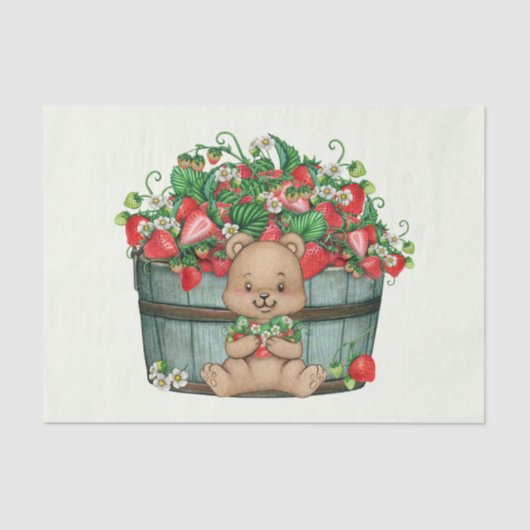 Cute Teddy Bear en Rustic Strawberry Basket Tissuepapier (Voorkant)