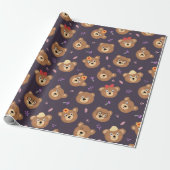 Cute Teddy Bear Face Pattern herfst | PAARS Cadeaupapier (Uitgerold)