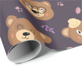 Cute Teddy Bear Face Pattern herfst | PAARS Cadeaupapier (Rol Hoek)
