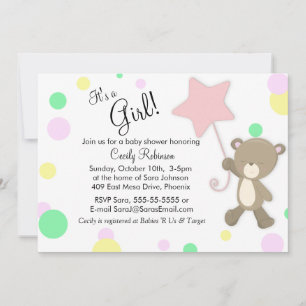 Cute Teddy Bear Girl Baby shower Kaart