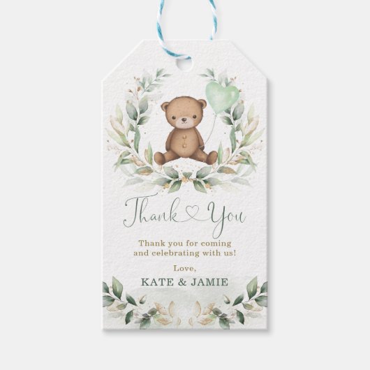 Cute Teddy Bear Greenery Gold Eucalyptus Wreath Cadeaulabel (Voorkant)