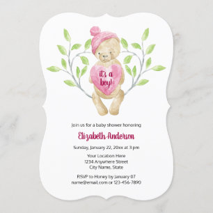 Cute Teddy Bear Heart Baby shower Kaart