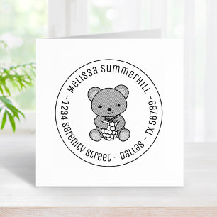 Cute Teddy Bear Holding Berry Round Address Rubberstempel