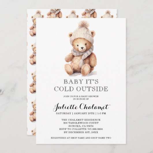Cute Teddy Bear Invitation hiver (Devant / Derrière)