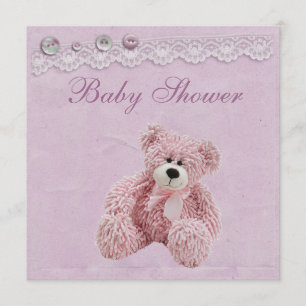 Cute Teddy Bear  Lace Baby Girl Shower Kaart