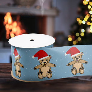 Cute Teddy Bear met Santa Hat Blue Kerstmis Lint