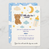 Cute Teddy Bear & Moon Baby Boy Arrivée Invitation (Devant / Derrière)