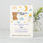 Cute Teddy Bear & Moon Baby Boy Arrivée Invitation (Debout devant)