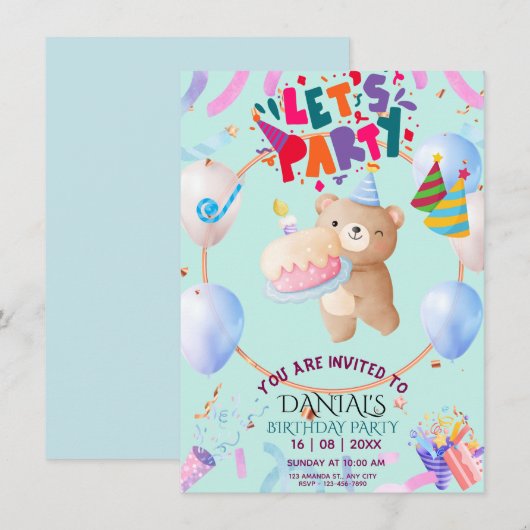 Cute Teddy Bear Personalized Birthday Invitation (Devant / Derrière)