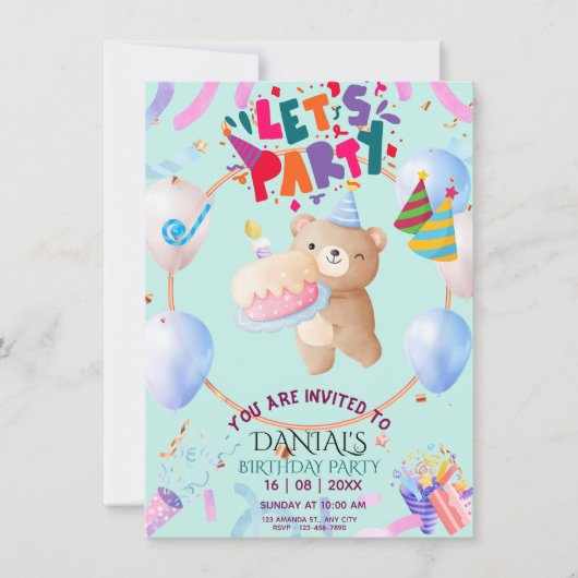 Cute Teddy Bear Personalized Birthday Invitation (Devant)