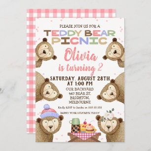 Cute Teddy Bear Picnic Birthday Invitation Girl Kaart
