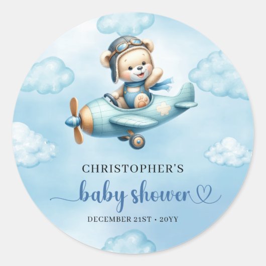Cute Teddy Bear Pilot Airplane Blue Brown Baby Ronde Sticker (Voorkant)