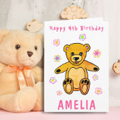Cute Teddy Bear Pink Flowers Happy Birthday Kinder Kaart