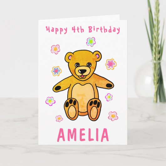 Cute Teddy Bear Pink Flowers Happy Birthday Kinder Kaart (Voorkant)