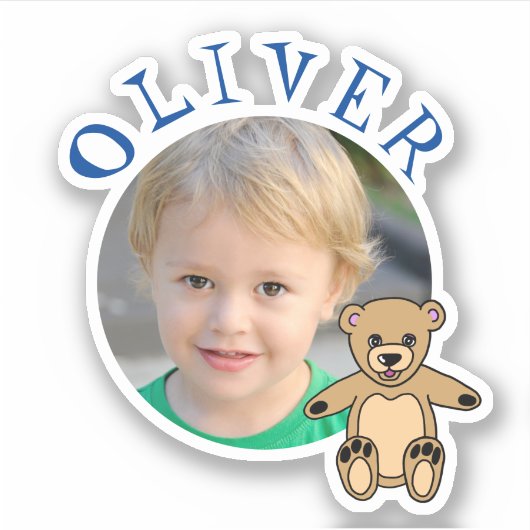 Cute Teddy Bear Round Lijst Name and Photo Kinder Sticker (Voorkant)