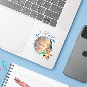 Cute Teddy Bear Round Lijst Name and Photo Kinder Sticker (Laptop met iPhone)