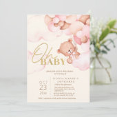 Cute Teddy Bear Roze Ballonnen Meisje Baby Shower Kaart (Staand voorkant)