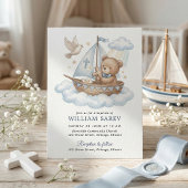 Cute Teddy Bear Sailboat Baptism Invitation Design