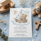 Cute Teddy Bear Sailboat Baptism Invitation Design