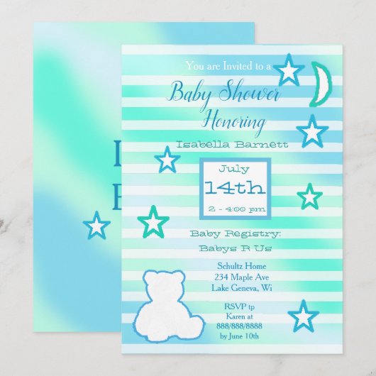 Cute Teddy Bear, Stars en Moon Blue en Green Kaart (Voorkant / Achterkant)