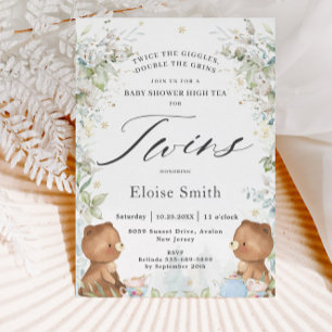 Cute Teddy Bears Twins High Tea Party Baby shower Kaart