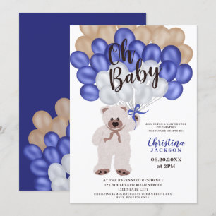 Cute teddy beer navy blue ballons boy baby shower kaart