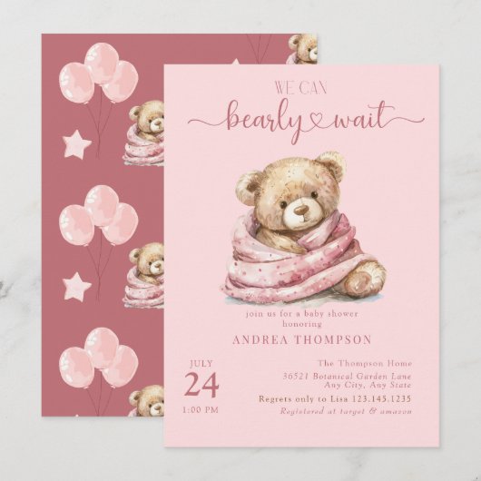 Cute Teddy Ours Bébé Douche Invitations (Devant / Derrière)