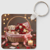 Cute Teddy Rose Basket Romantic Valentine Heart Sleutelhanger (Achterkant)