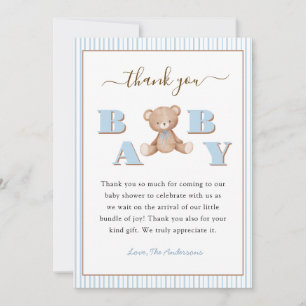 Cute teddybeer baby boy shower bedankkaart