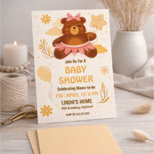 Cute Teddybeer Babyshower Uitnodiging voor Meisje