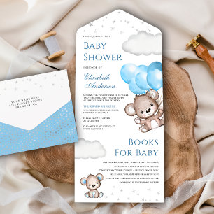 Cute Teddybeer Blauwe Ballonnen Baby Shower All In One Uitnodiging