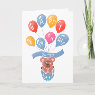 Cute Teddybeer Kleurrijke Ballonnen Jongen Verjaar Kaart