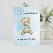 Cute teddybeer nieuwe baby jongen felicitaties kaa (Staand voorkant)