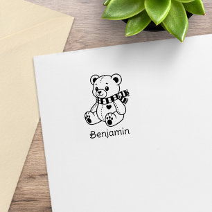Cute teddybeer speelgoed met sjaal aangepaste naam 	rubberstempel