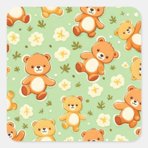 Cute teddyberen en bladerenpatroon groen vierkante sticker