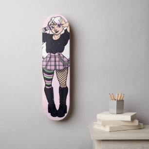 Cute Teen Punk Girl Pink Green Manga Illustratie Skateboard