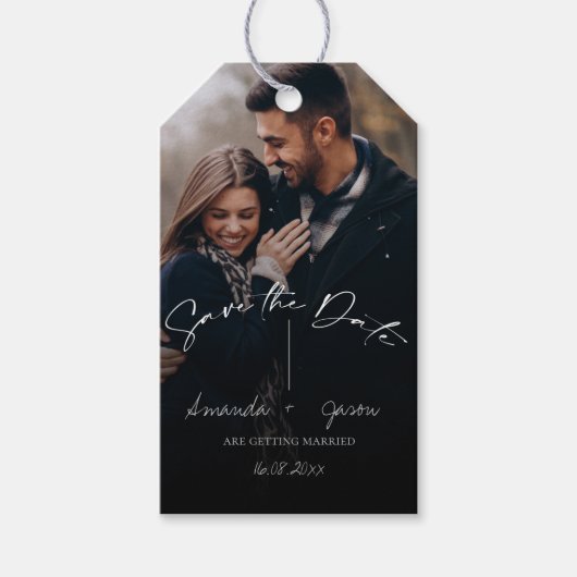 Cute Text Overlay Two Photo Wedde Save the Date Cadeaulabel (Voorkant)