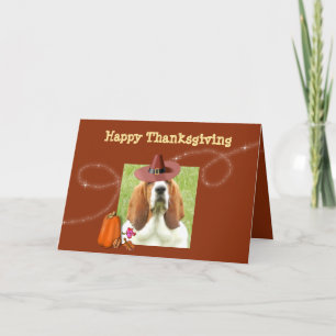 Cute Thanksgiving Card met Basset, Pumpkin en Pie Feestdagen Kaart