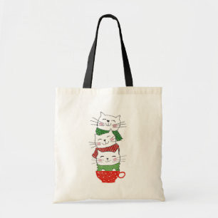 Cute Three Cats Stapked Cup Holiday Scarves Funny Tote Bag