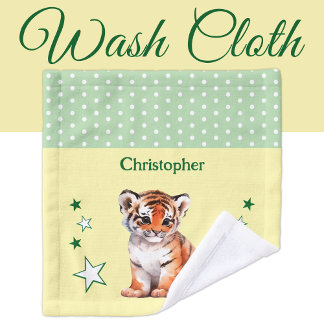 Cute tiger add name polka dots stars green washandje
