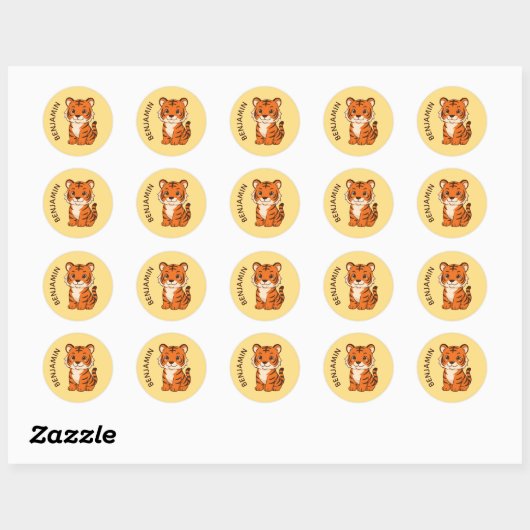 Cute Tiger Cub Custom Name Yellow Ronde Sticker (Vel)
