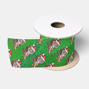 Cute Tiger in Santa Hat op Green Lint
