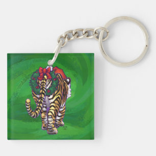 Cute Tiger in Santa Hat op Green Sleutelhanger