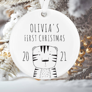 Cute Tijger Baby Eerste Kerstmis Zwart Wit Ornament