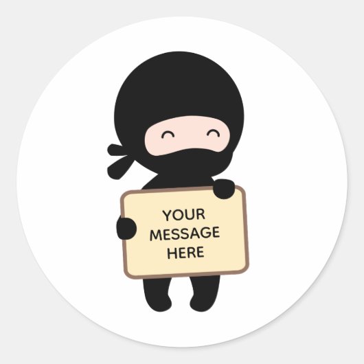 Cute Tiny Ninja Holding Sign Custom Text Ronde Sticker (Voorkant)